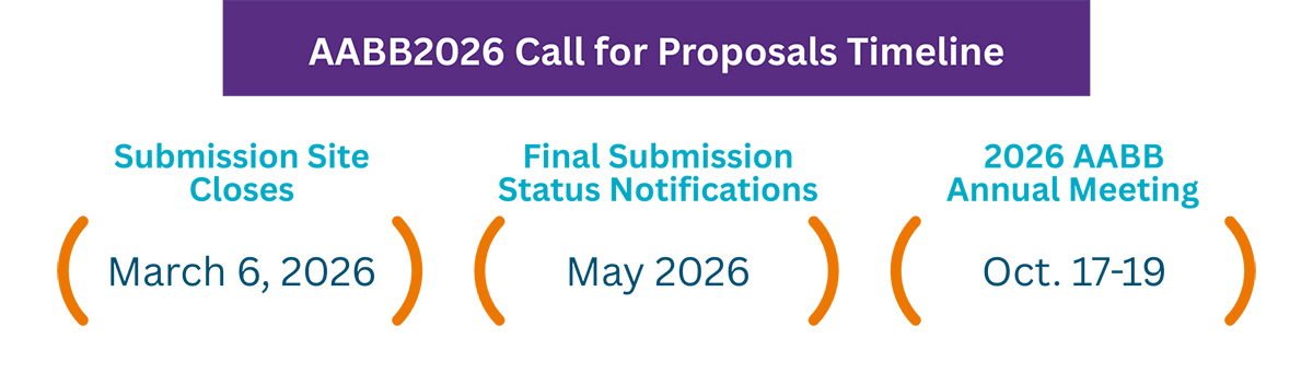 AABB2026 Call for Proposals Timeline AABB 2026 Call for Proposals Timeline: Submission Site Closes March 6, 2026, Final Submission Status Notifications May 2026, 2026 AABB Annual Meeting Oct. 17-19