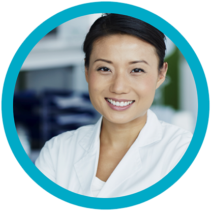 Photo of smiling woman in blue circle
